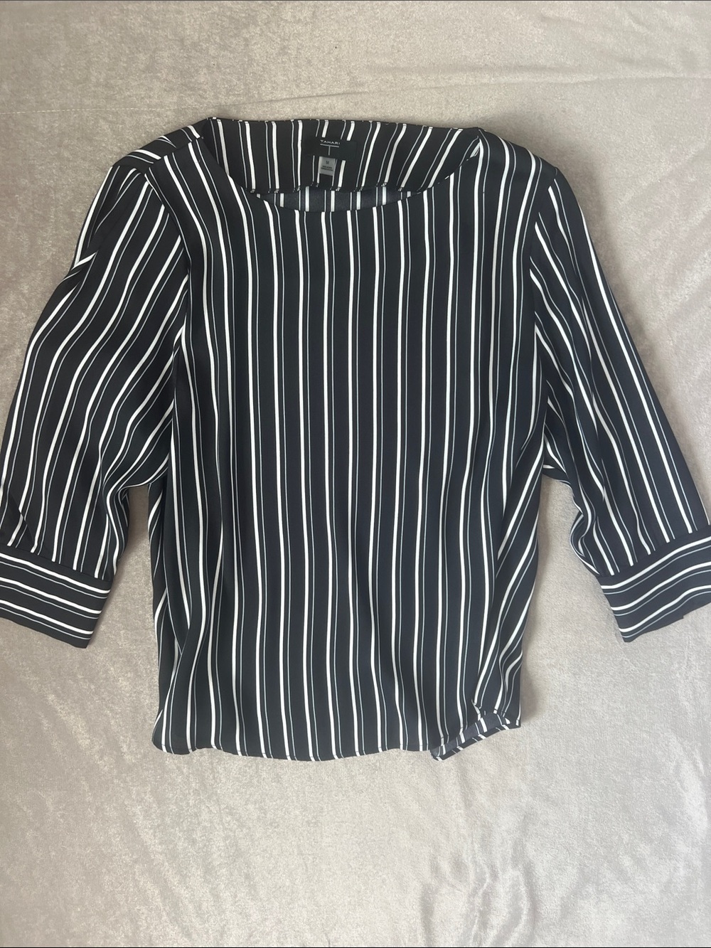Tahari Black and White Striped Women’s Blouse - Lightweight Boatneck Top